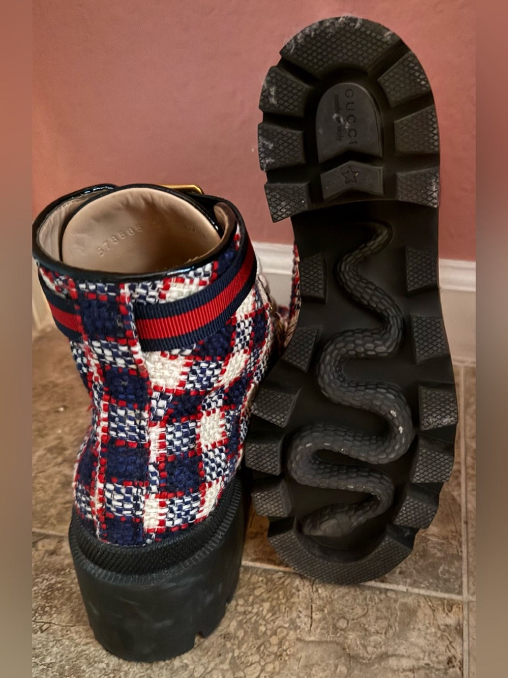 Gucci Sylvie Web Accent Tweed Combat Boots - Picture 9 of 9